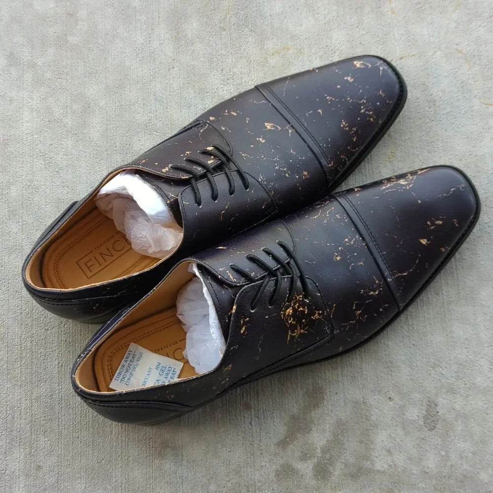 Thatcher Finch Men's Black Gold Flecked Luxury Formal Dress Shoes Size 8